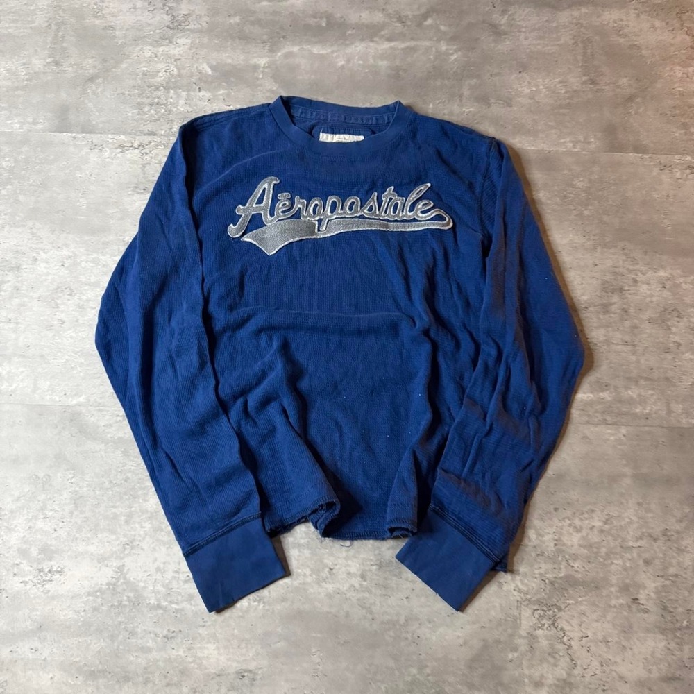 Grunge 2000s Relaxed Boxy Navy Blue Aeropostale Skater Y2K Thermal Tee